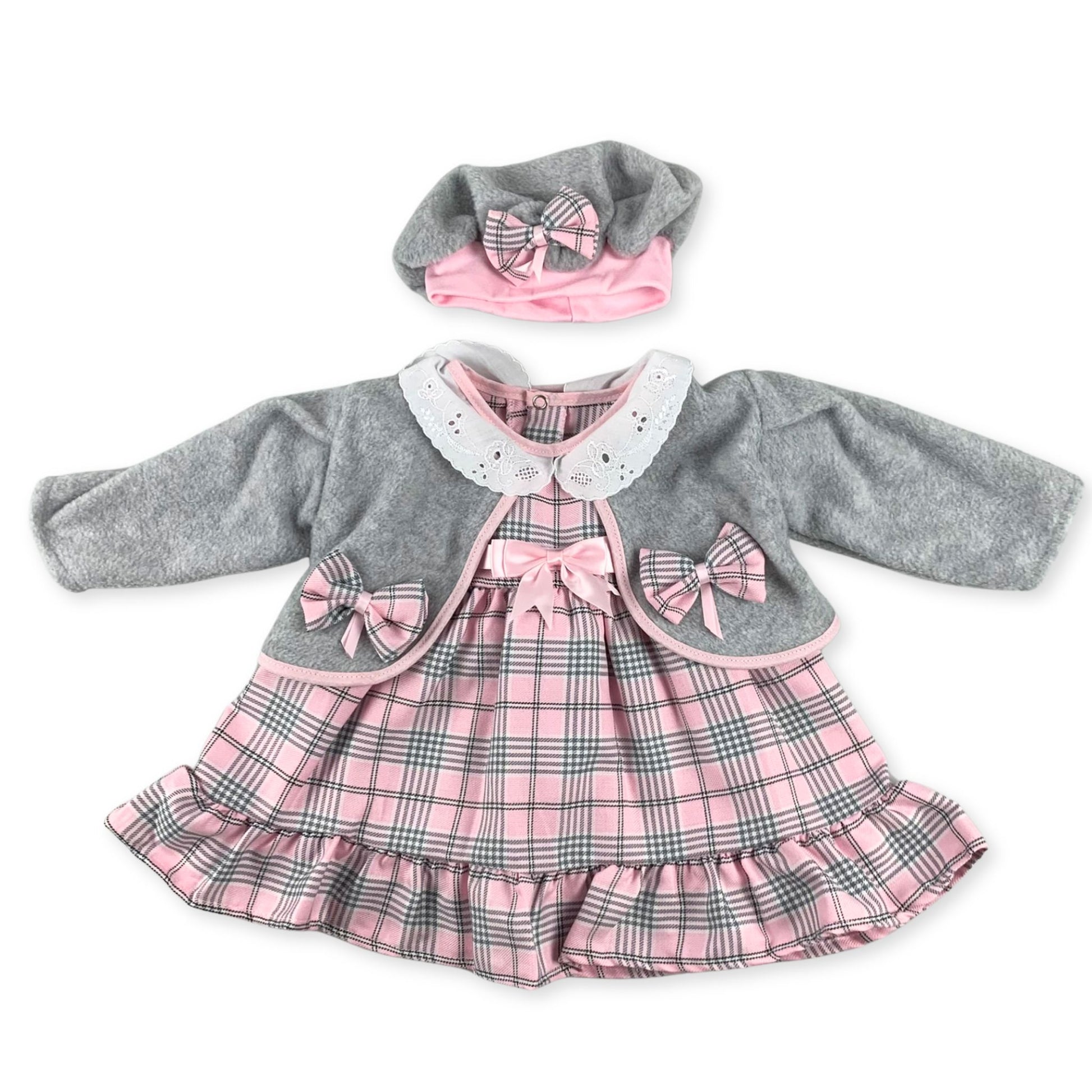 three piece grey and pink tartan outfit