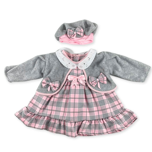 three piece grey and pink tartan outfit