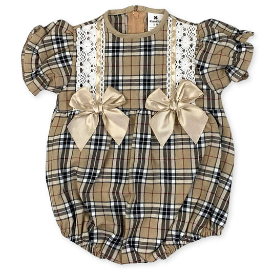 baby girls beige tartan romper