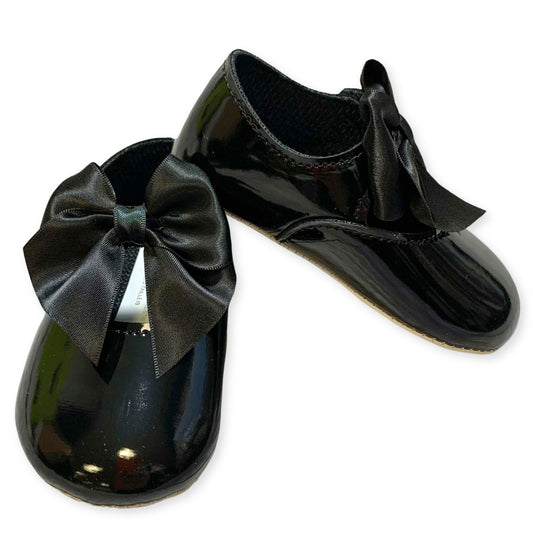 baby girl black shoes with satin bow by bayods
