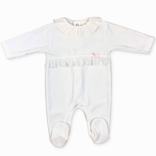 baby girl white cotton sleepsuit with lace and bow