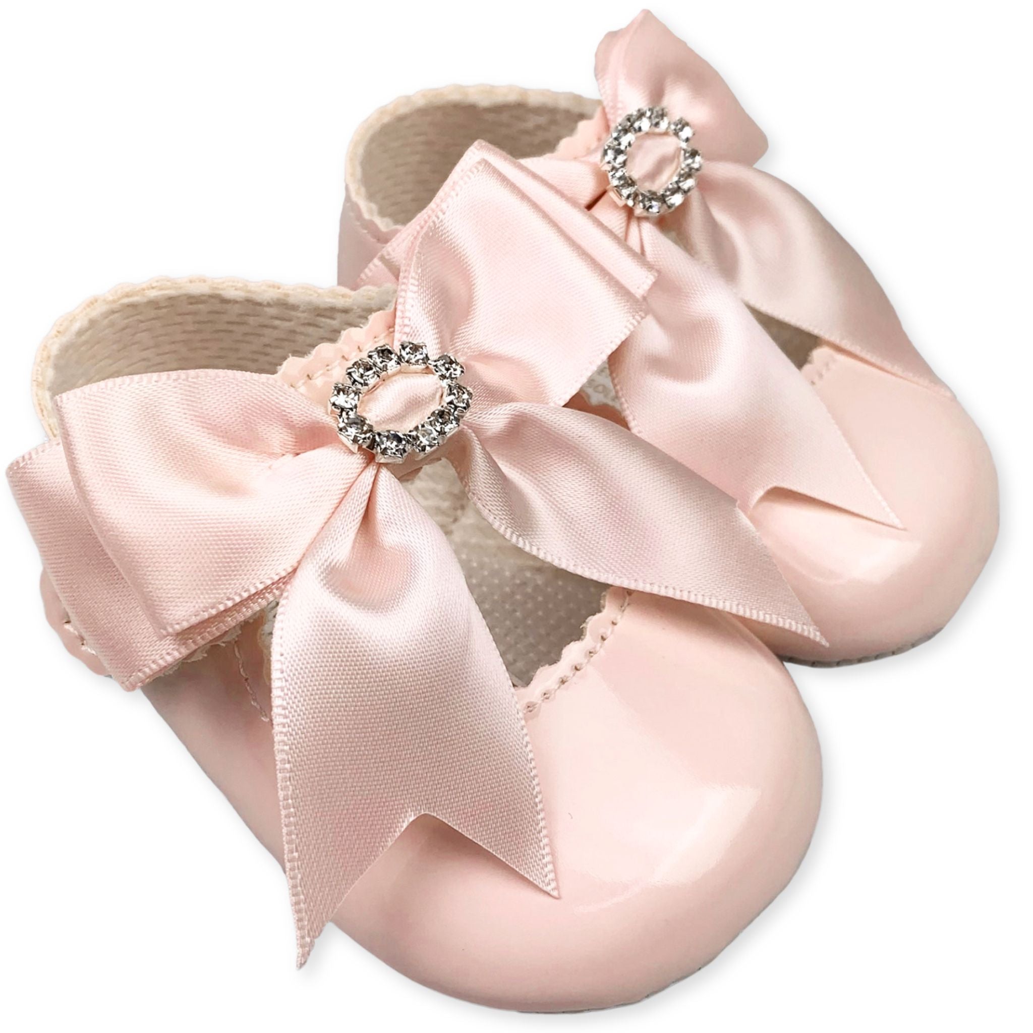 baby girls pink large satin bow diamante shoes