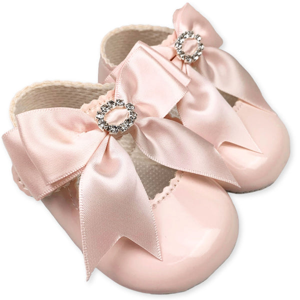 baby girls pink large satin bow diamante shoes