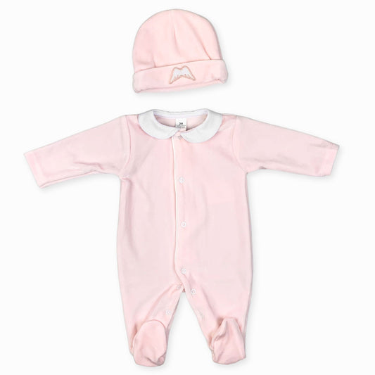 baby girls pink velour sleepsuit angel wings with hat 
