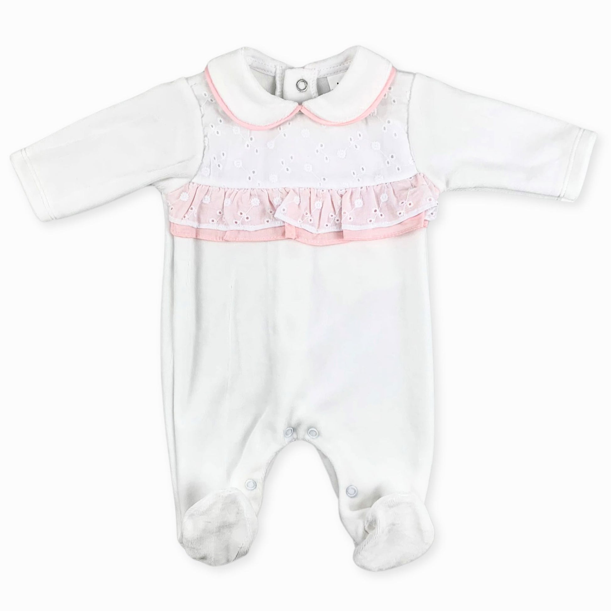 Baby Girls White Pink Sleep Suit with Broderie Anglaise detail