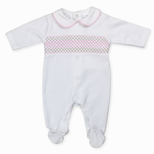 baby girl white cotton sleepsuit with smocking in pink