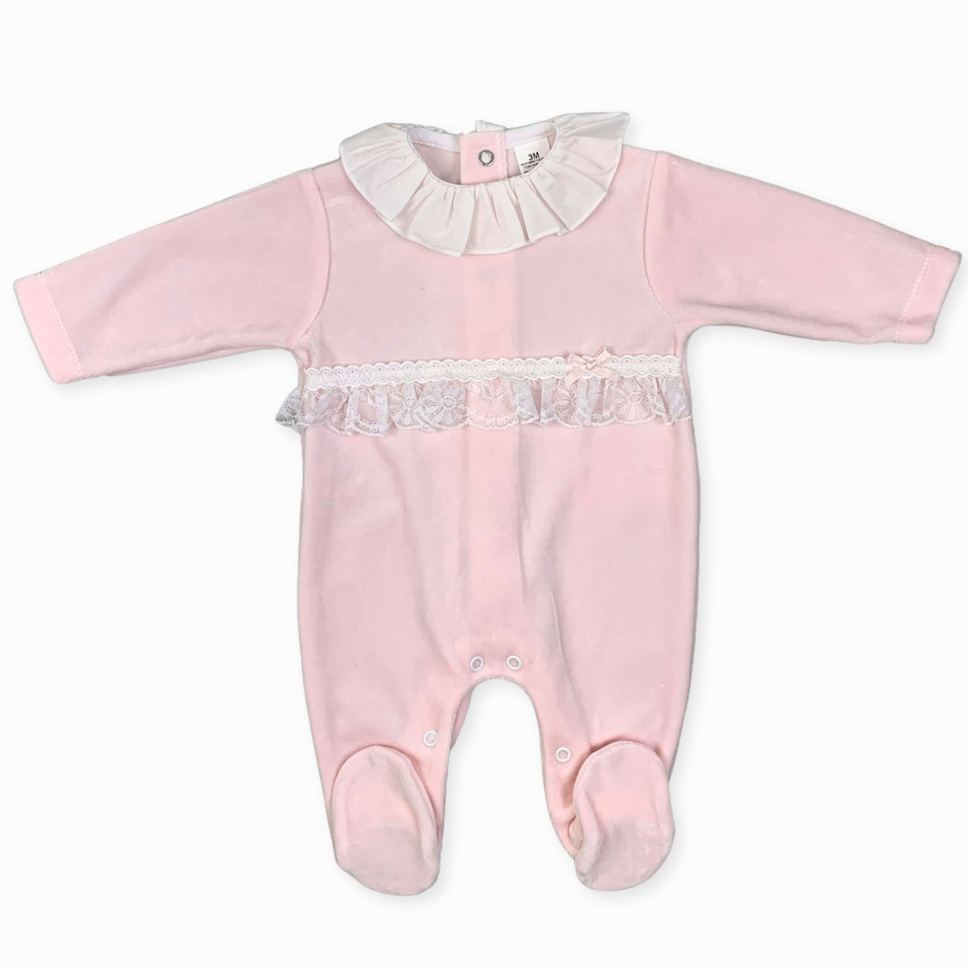 baby girls pink velour sleep suit lace white collar