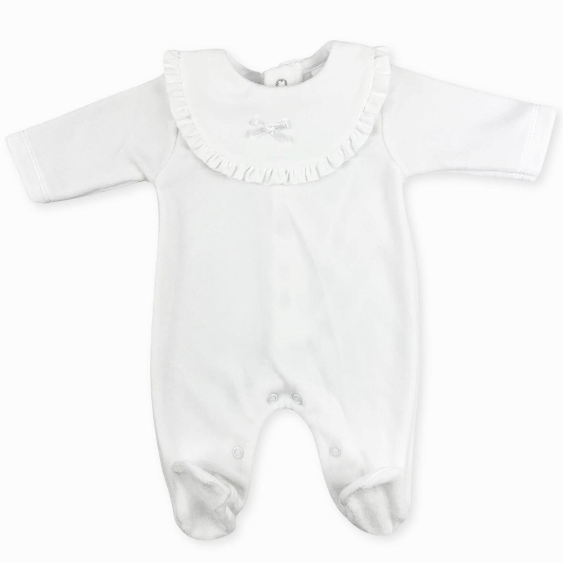 white velour baby grow with bow