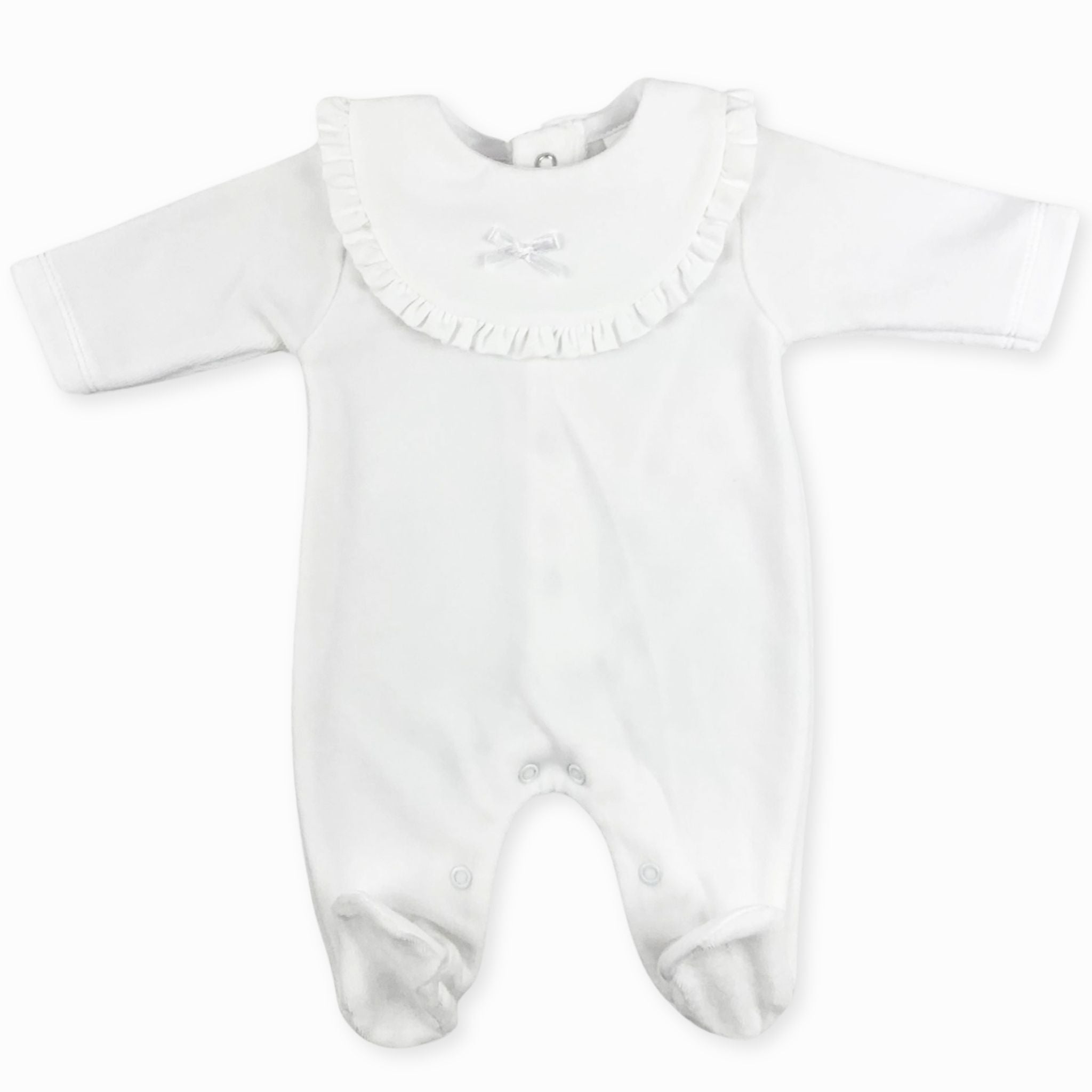 white velour baby grow with bow