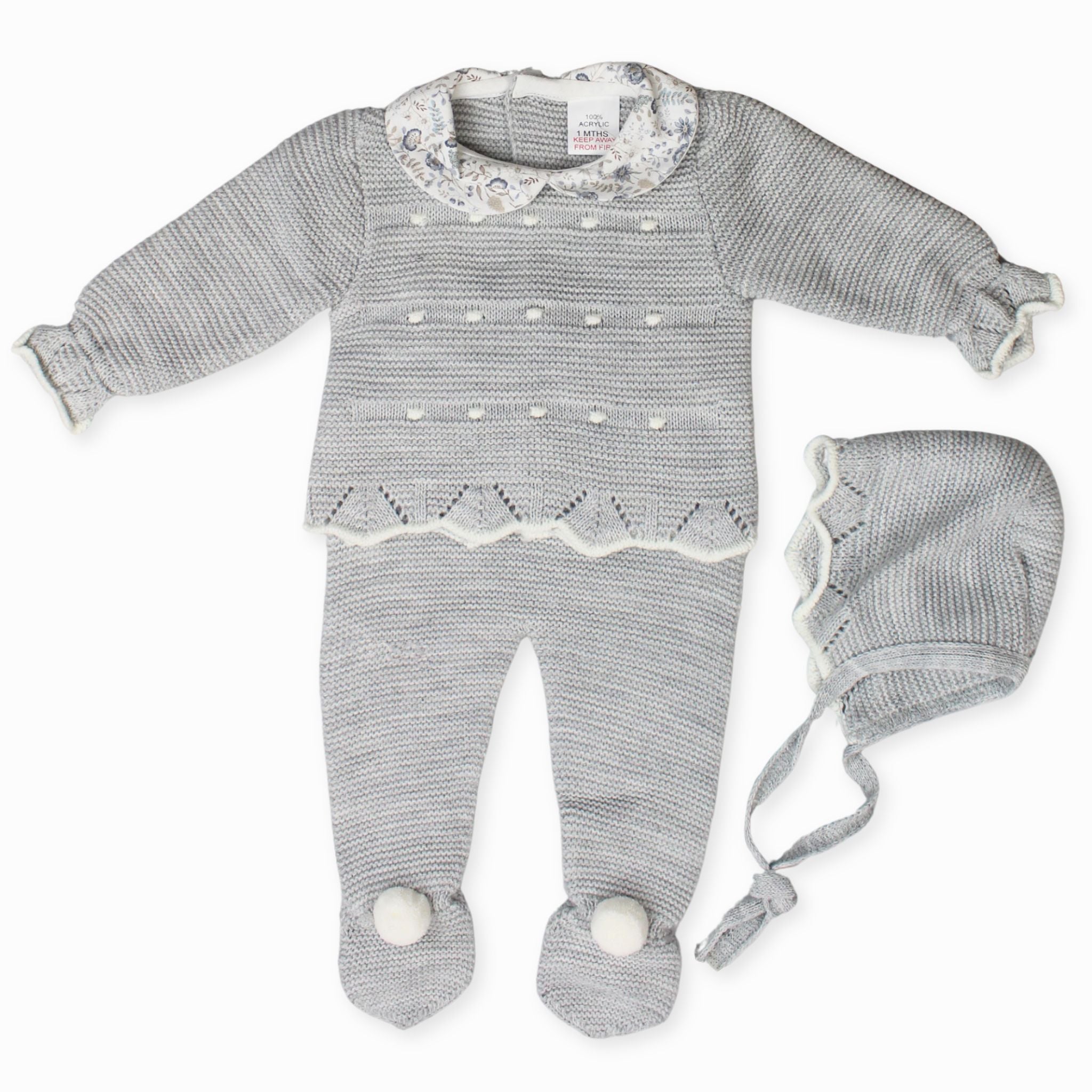 knitted baby clothes grey with bonnet newborn