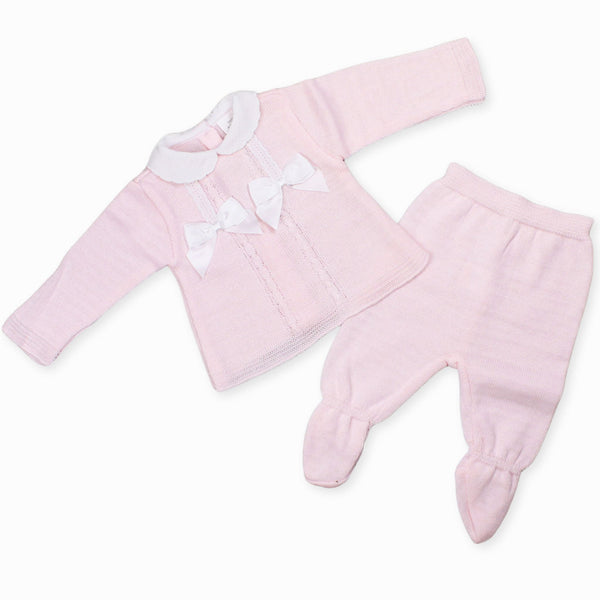 baby girls knitted two piece outfit with white bows