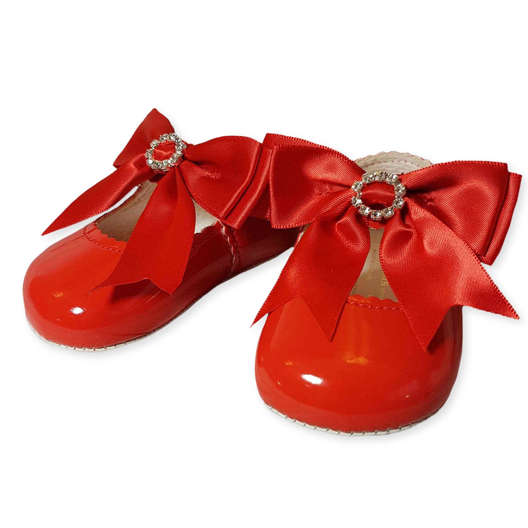 baby girls large red bow satin diamante shoes