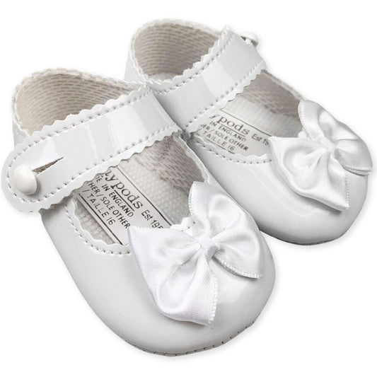 baby girl white patent pram shoes with bow