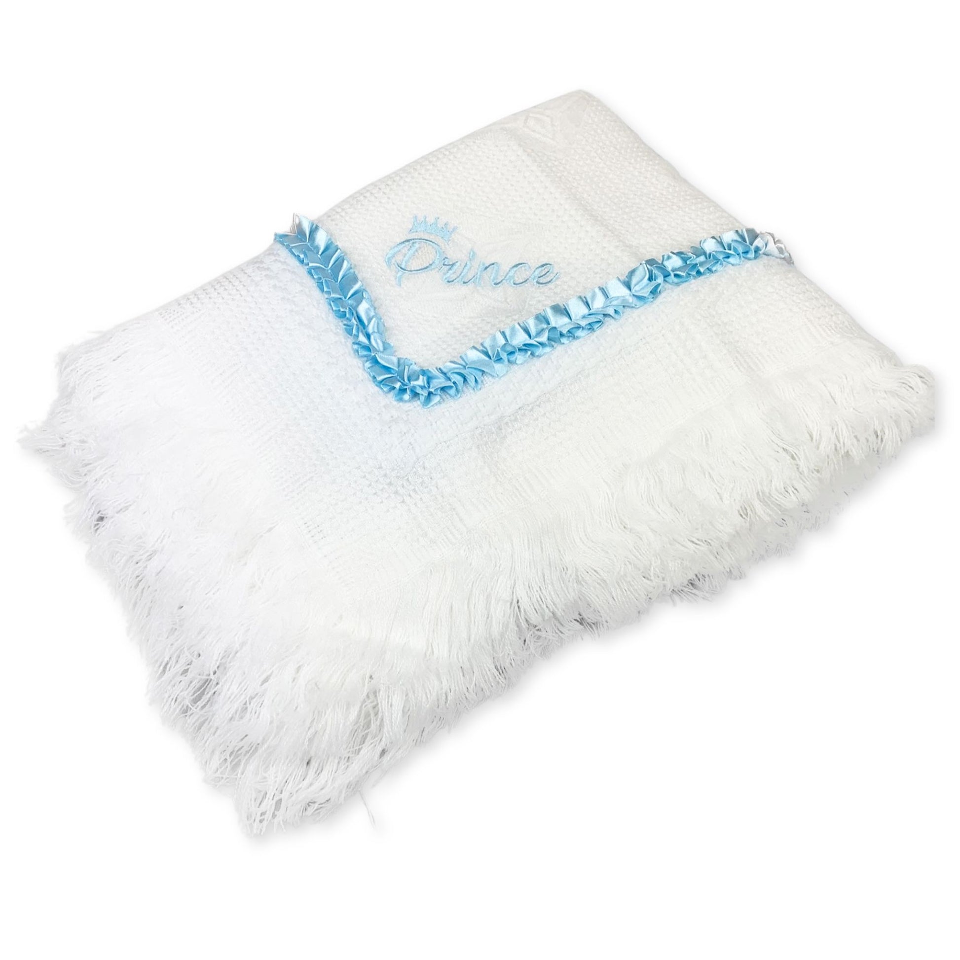 baby boys shawl with prince embroidery and a ruffle blue ribbon