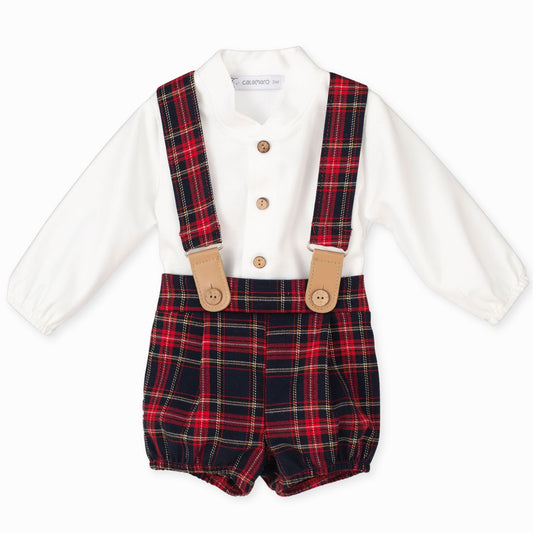 baby boys red tartan shorts with braces