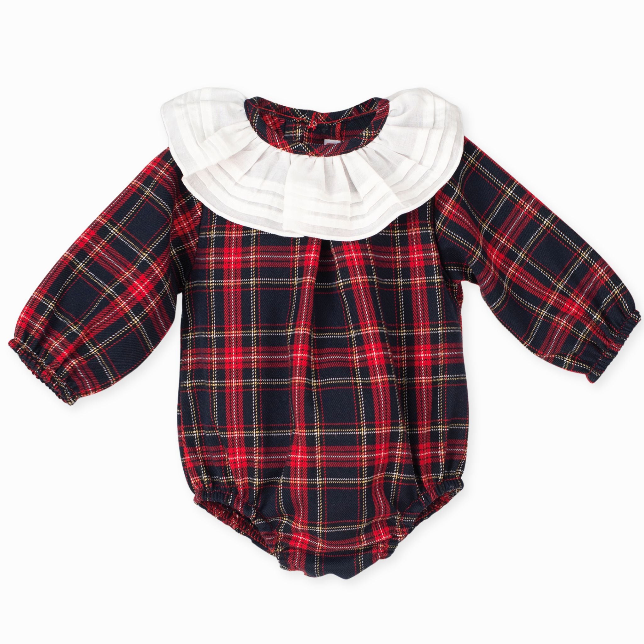 red traditional baby girls tartan romper