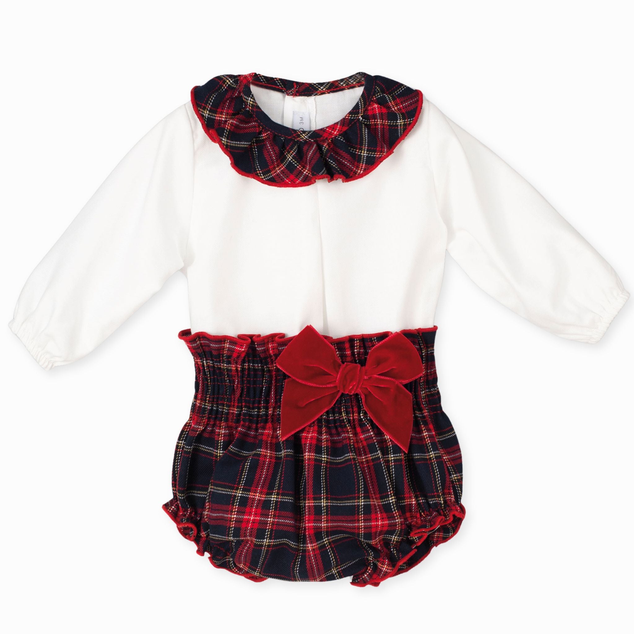 Red tartan jam pants and white shirt for baby girl