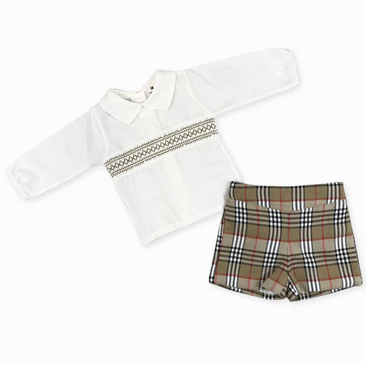 baby boys tartan beige two piece outfit