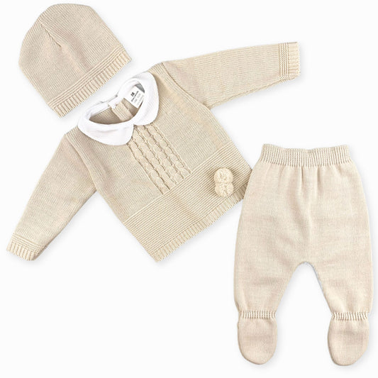 three piece knitted beige outfit