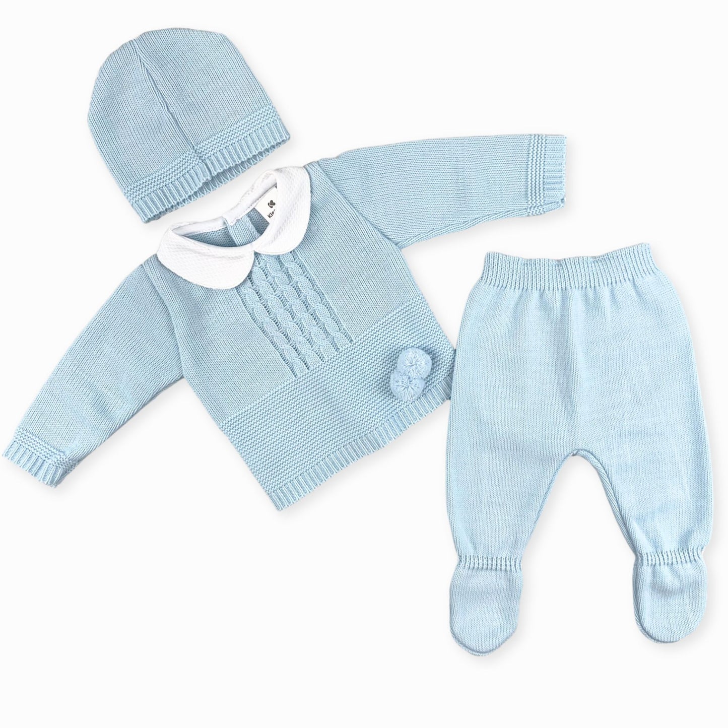 baby boys 3 piece knitted outfit in blue size newborn