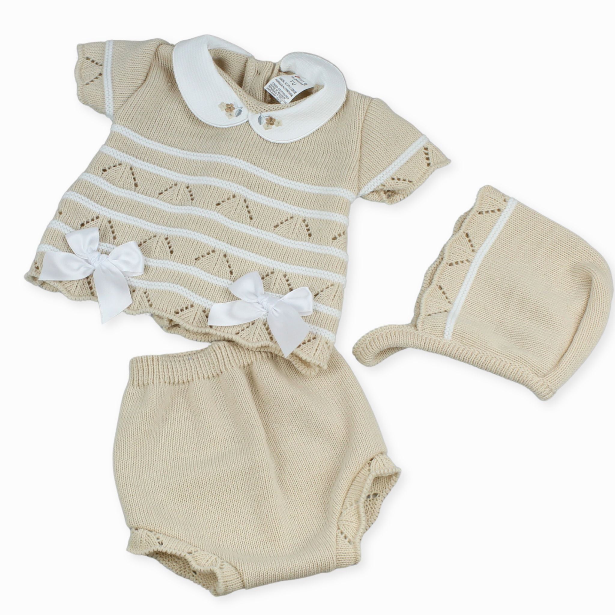 Baby Girls Knitted Three Piece Beige Outfit With Bows