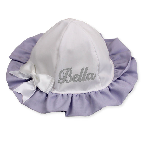 personalised sun hat baby girl white lilac summer sun hat