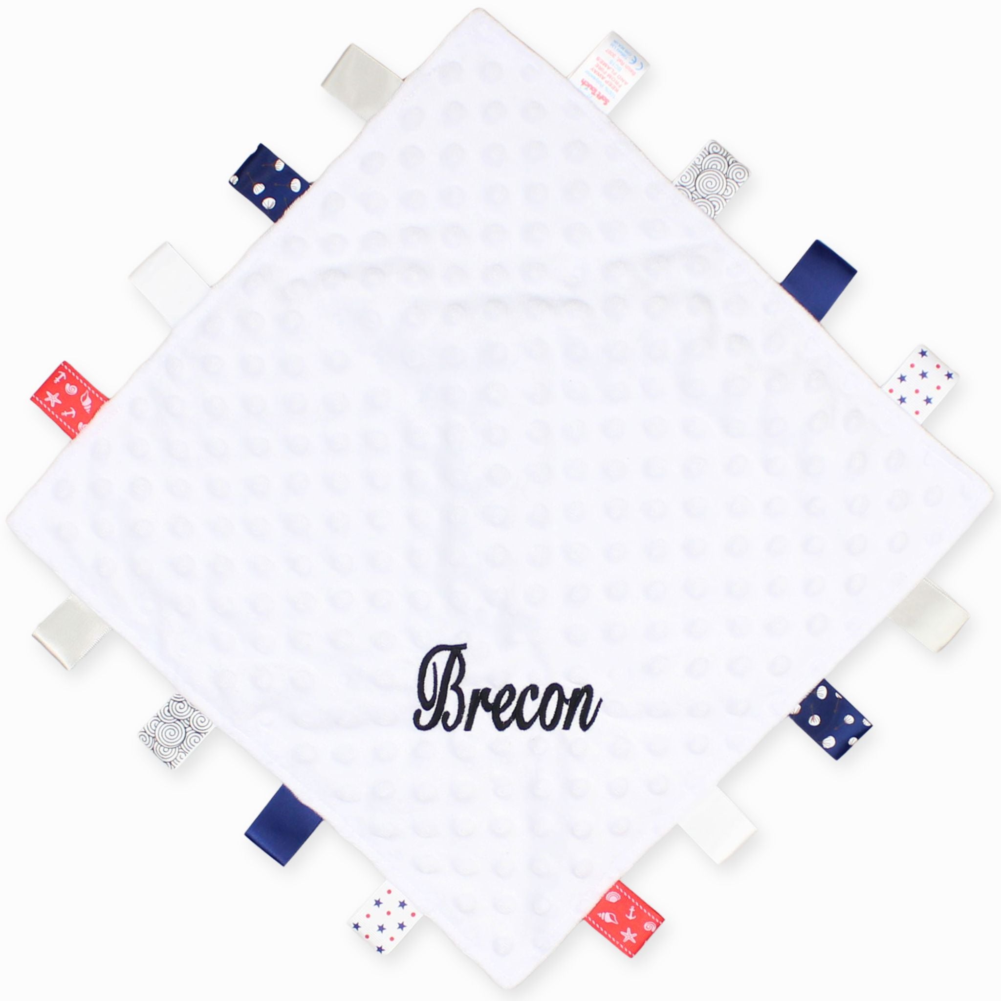 White baby taggy comforter personalised