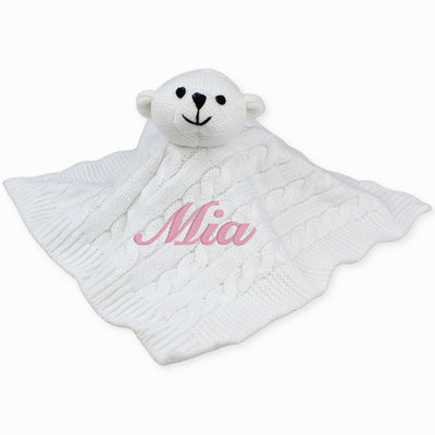 Personalised White Knitted Baby Comforter with Teddy Head