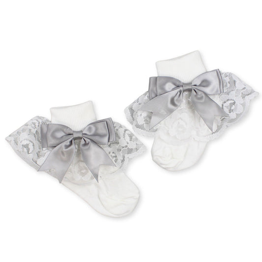 baby girl frilly socks grey bows and lace