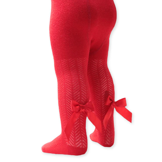 baby girl red tights with long red bow to back