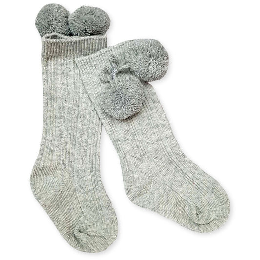 baby socks grey with pom poms