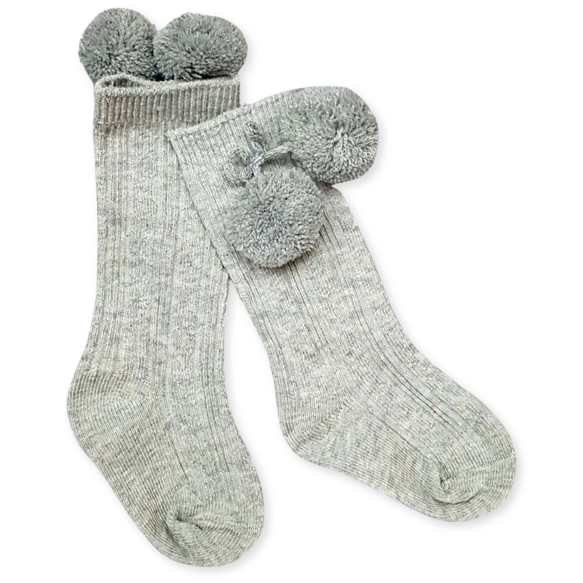 baby socks grey with pom poms