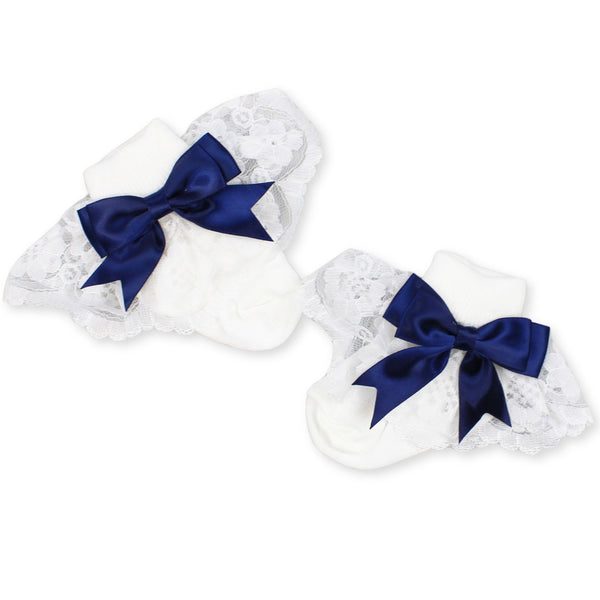 fancy baby socks navy blue bows and lace