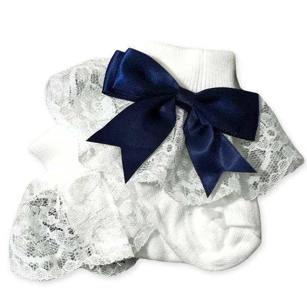 frilly baby socks with navy blue bow