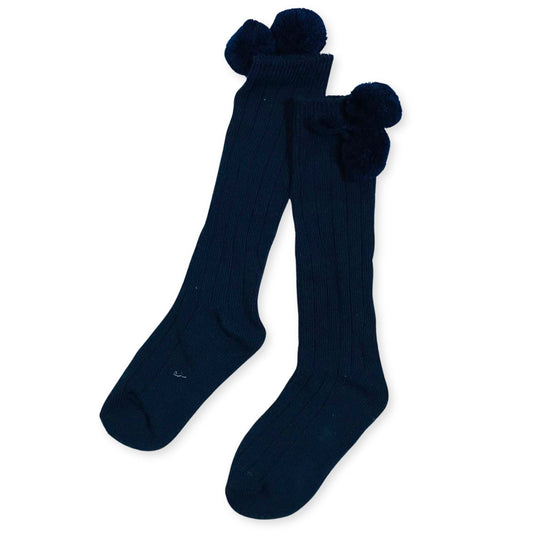 Navy dark blue baby spanish style knee high socks with pom poms