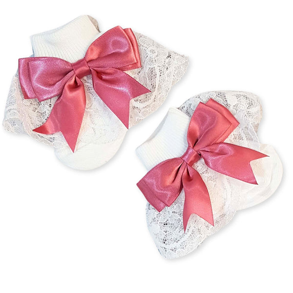 Baby Girl Ankle Socks - White & Dusky Pink Bow