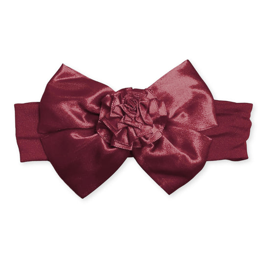 Baby Girls Satin Headband with Bow and Flower - Burgundy