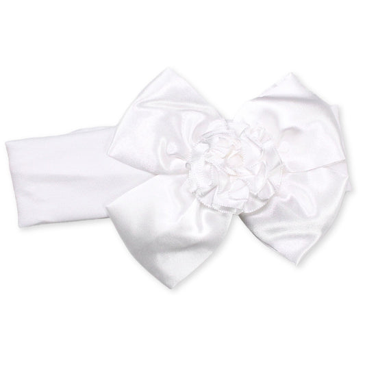 Baby Girls Satin Headband with Bow and Flower - White
