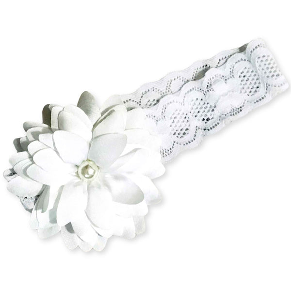 baby girl headband with white flower and pearl