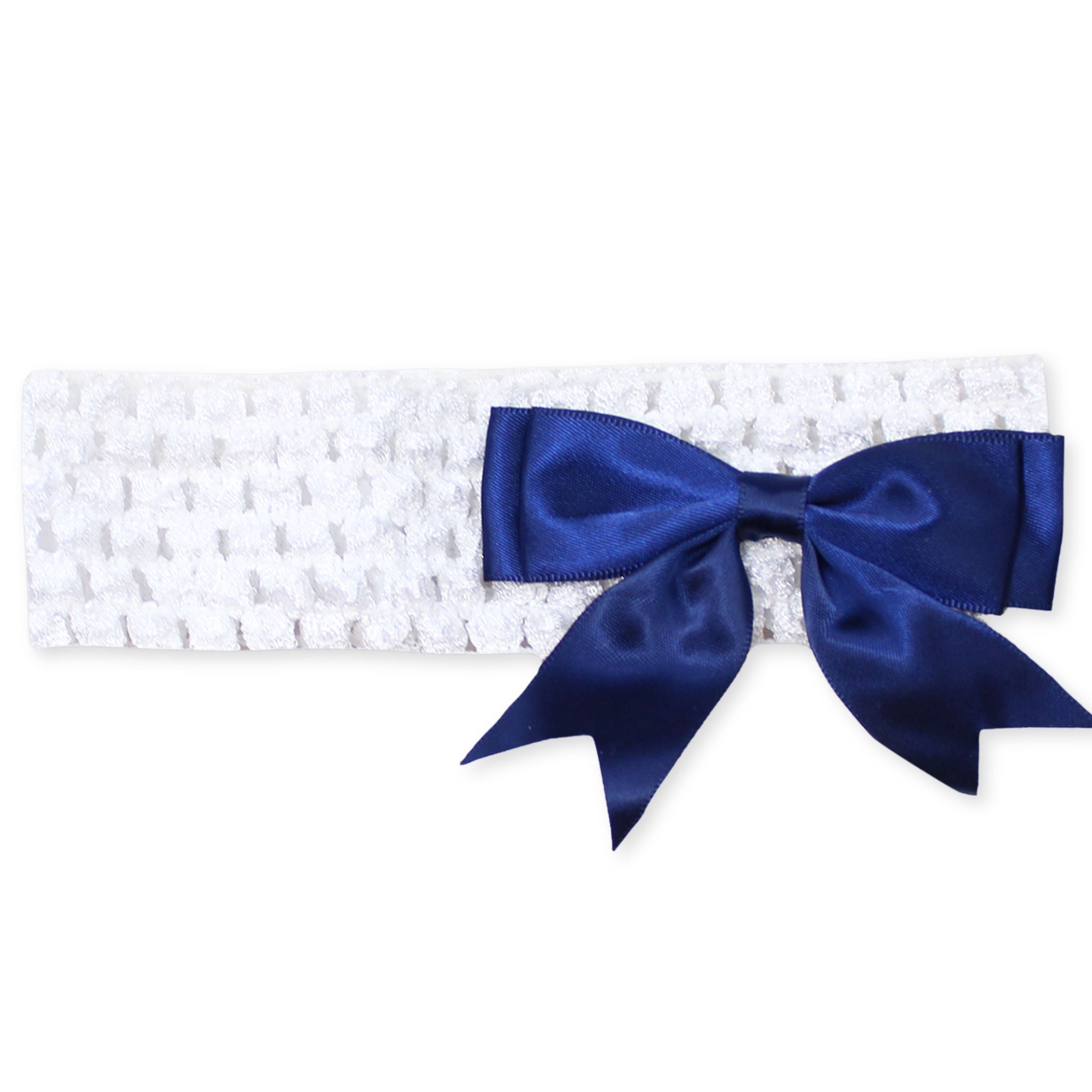 Baby girls crochet headband with navy satin bow