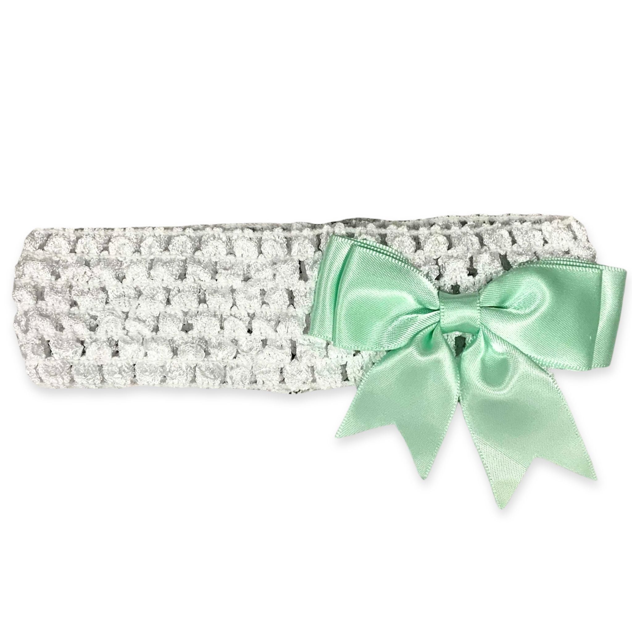 Baby girls crochet headband with mint green satin bow