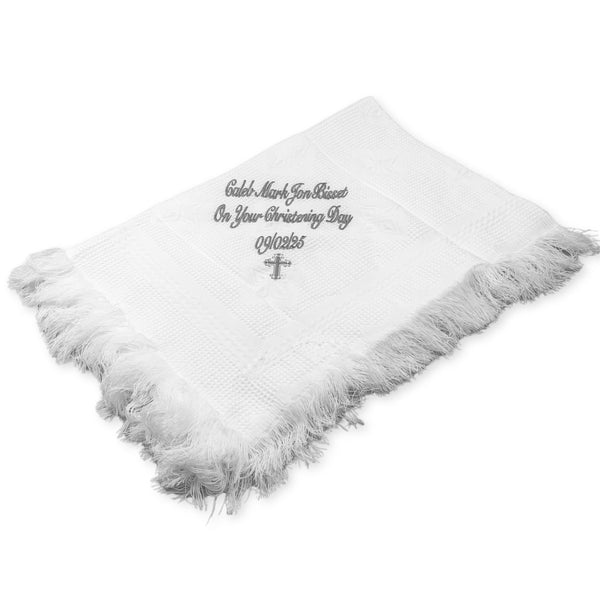 baby unisex white personalised shawl christening day