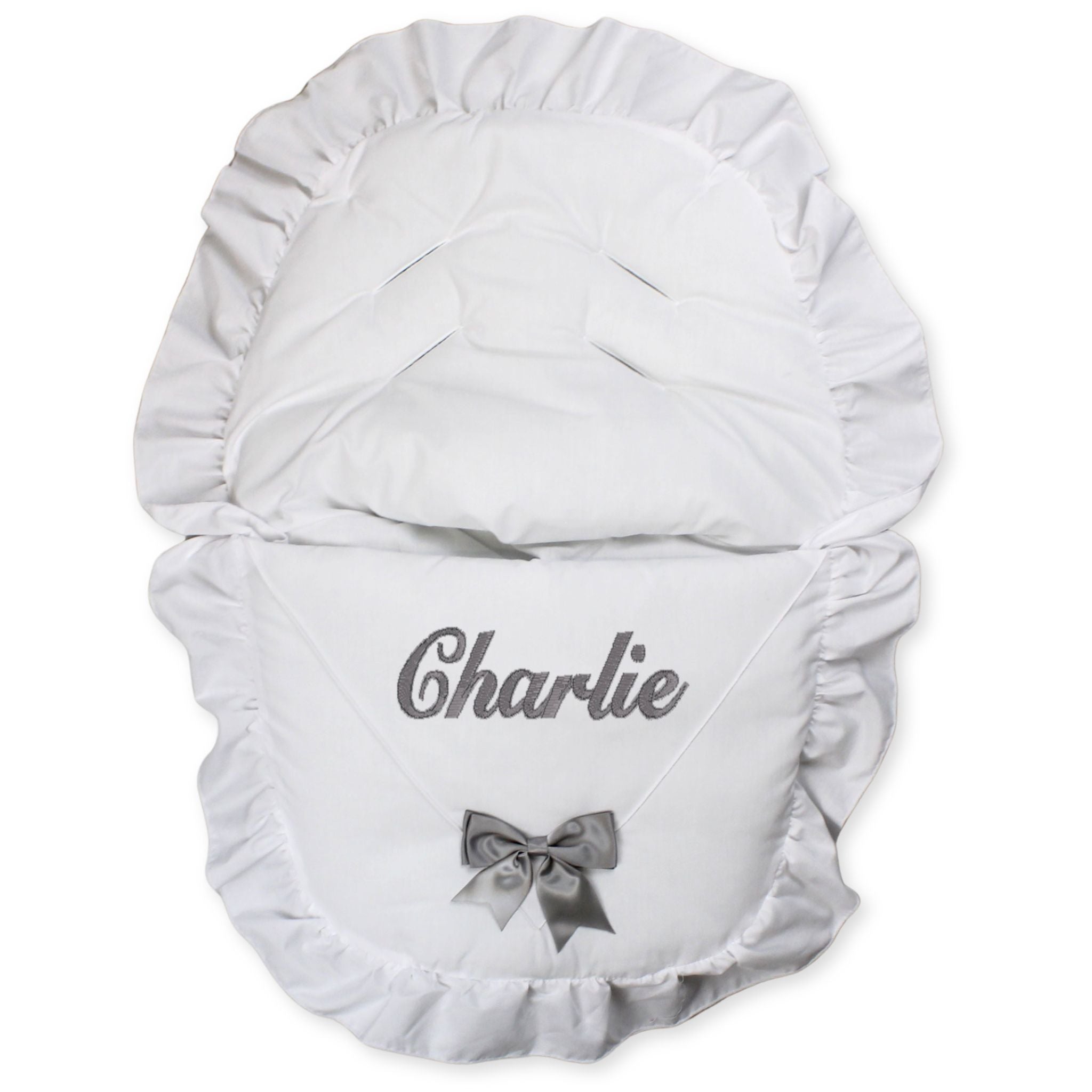 car seat car muff cosytoes personalised white with grey bow