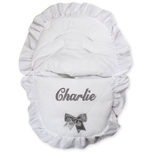 car seat car muff cosytoes personalised white with grey bow