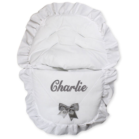 car seat car muff cosytoes personalised white with grey bow