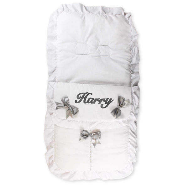 white personalised footmuff cosytoes with grey boes