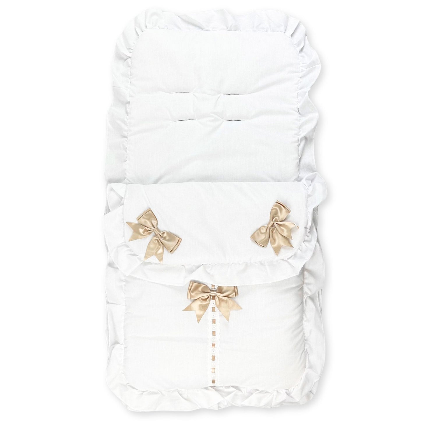 white footmuffs with beige bows
