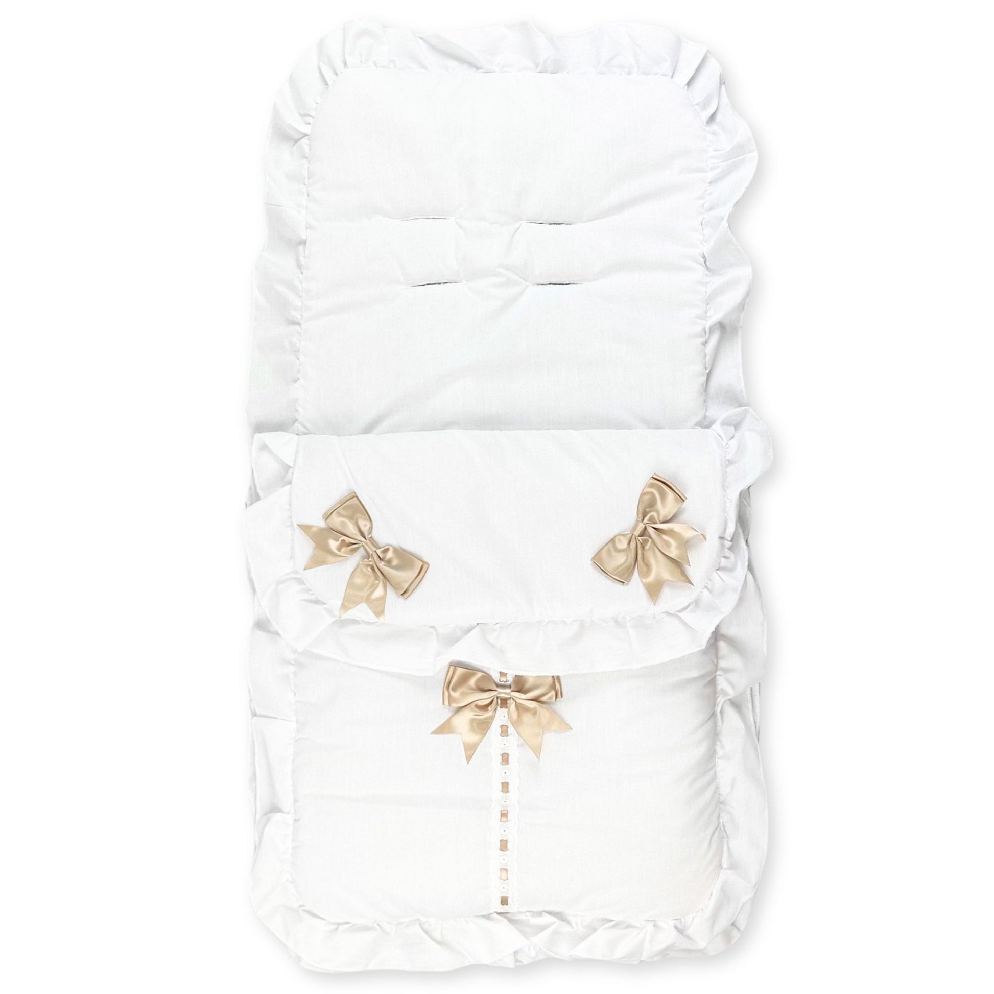 white footmuffs with beige bows