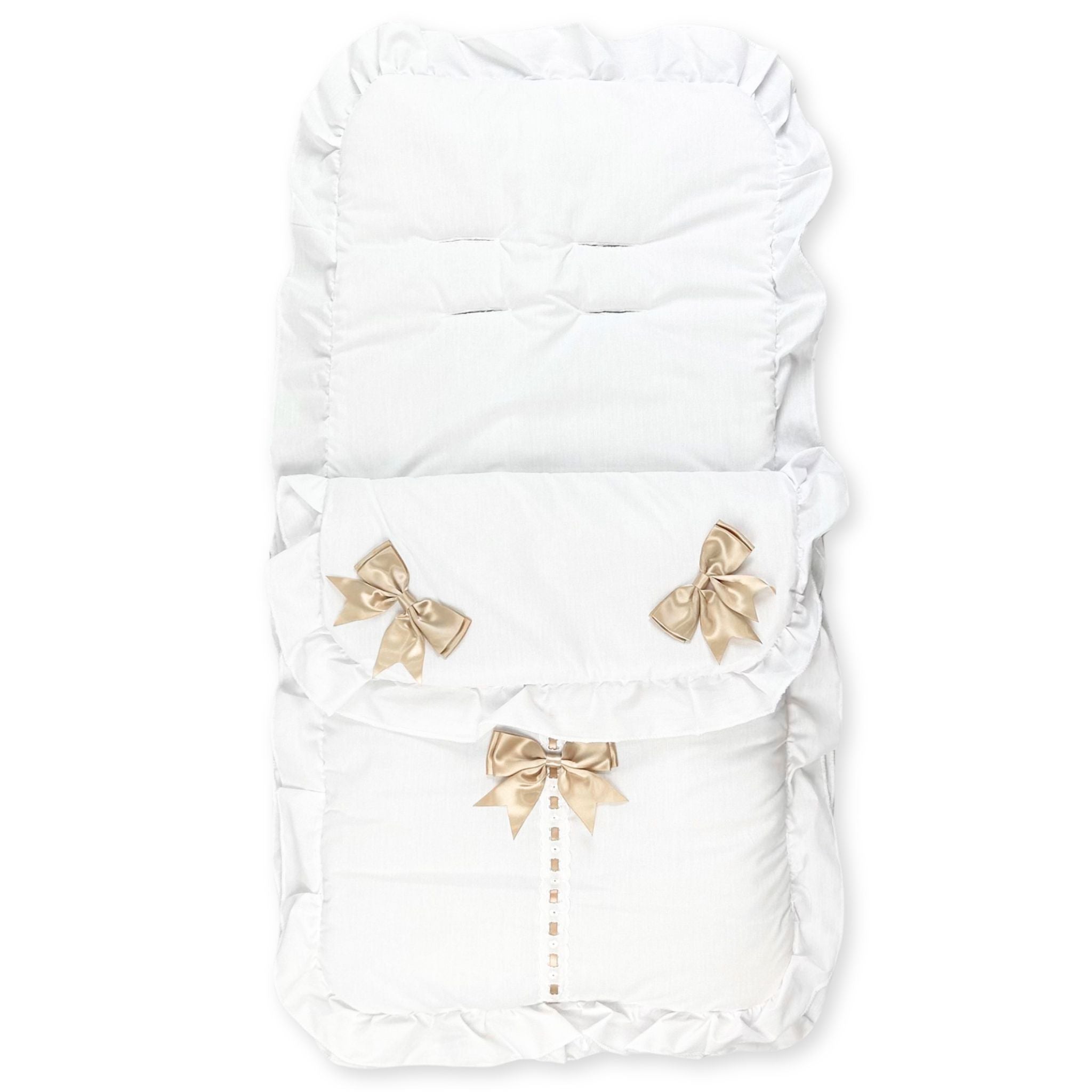 white footmuffs with beige bows
