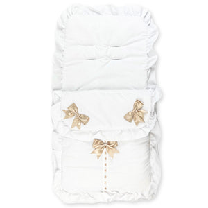 white footmuffs with beige bows